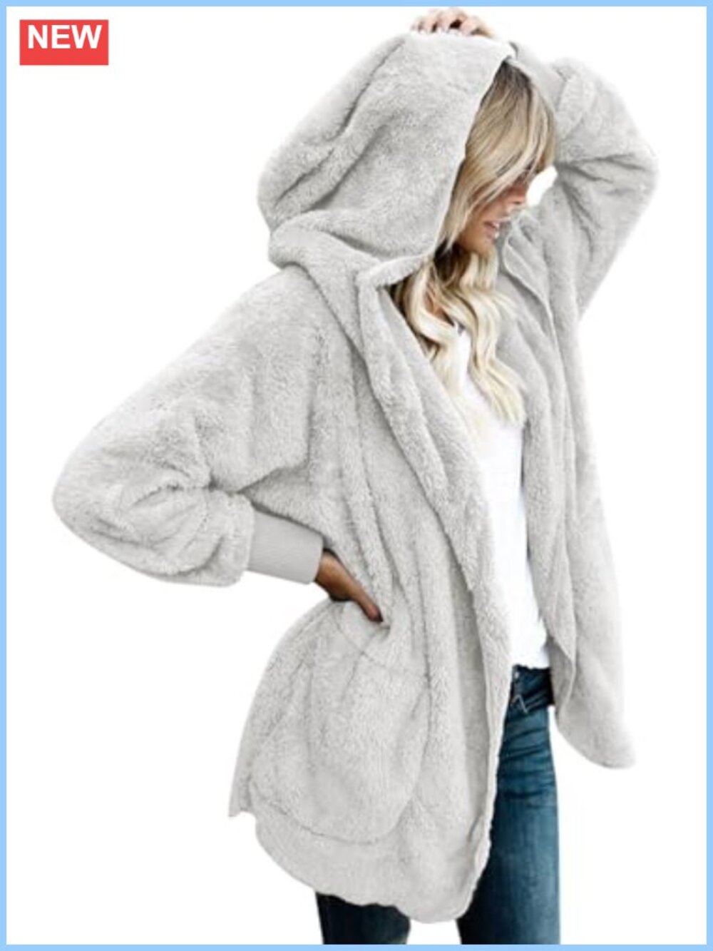 Women's Fuzzy Hooded Cardigan Open Front Sherpa Fleece Coat with Pockets